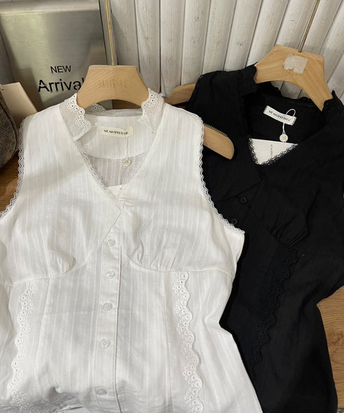 Sleeveless V-neckline Lace Trim Back Tie Blouse